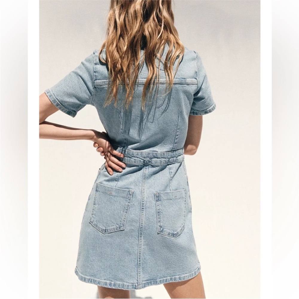 Zara Light Wash Denim Dress XL NWT | Button Front Utility Mini Dress - Picture 9 of 14